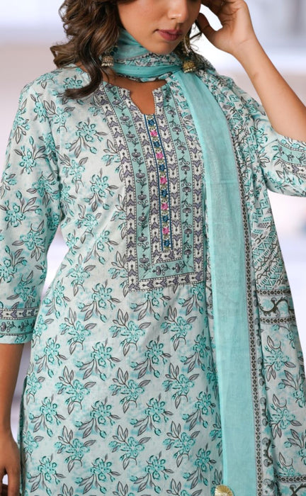 Sea Green/Grey Floral Cotton Kurti With Pant And Dupatta Set.Pure Versatile Cotton. | Laces and Frills