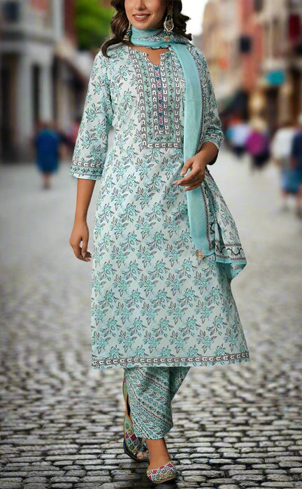 Sea Green/Grey Floral Cotton Kurti With Pant And Dupatta Set.Pure Versatile Cotton. | Laces and Frills