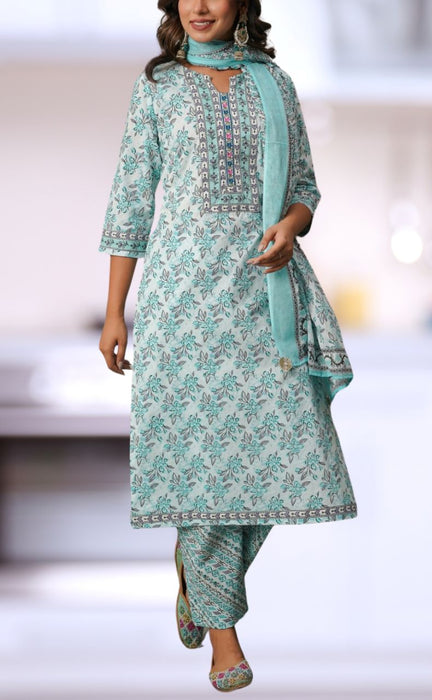 Sea Green/Grey Floral Cotton Kurti With Pant And Dupatta Set.Pure Versatile Cotton. | Laces and Frills