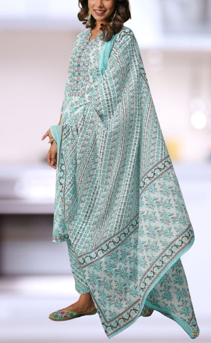 Sea Green/Grey Floral Cotton Kurti With Pant And Dupatta Set.Pure Versatile Cotton. | Laces and Frills