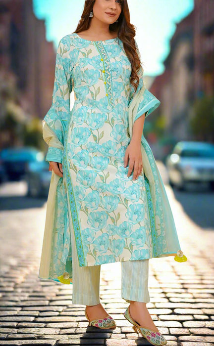 Sea Green/Green Floral Jaipur Cotton Kurti With Pant And Dupatta Set.Pure Versatile Cotton. | Laces and Frills