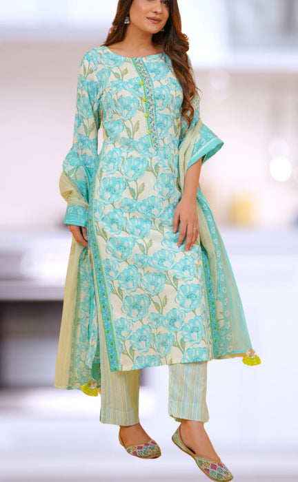 Sea Green/Green Floral Jaipur Cotton Kurti With Pant And Dupatta Set.Pure Versatile Cotton. | Laces and Frills