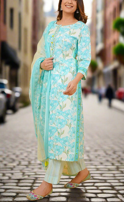 Sea Green/Green Floral Jaipur Cotton Kurti With Pant And Dupatta Set.Pure Versatile Cotton. | Laces and Frills