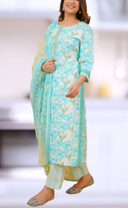 Sea Green/Green Floral Jaipur Cotton Kurti With Pant And Dupatta Set.Pure Versatile Cotton. | Laces and Frills