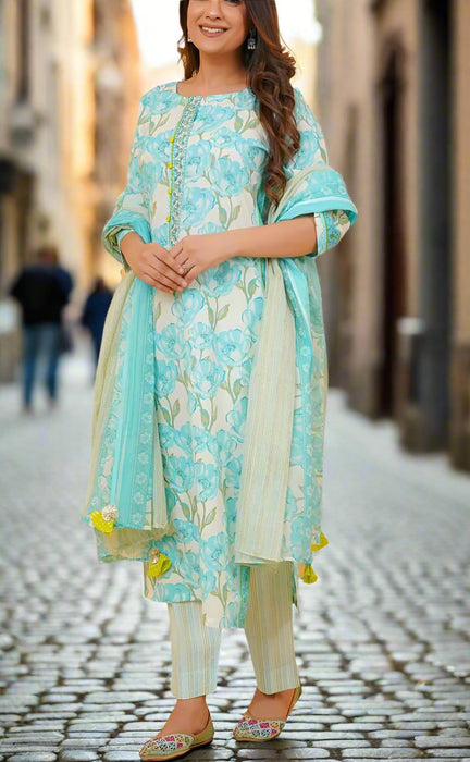 Sea Green/Green Floral Jaipur Cotton Kurti With Pant And Dupatta Set.Pure Versatile Cotton. | Laces and Frills