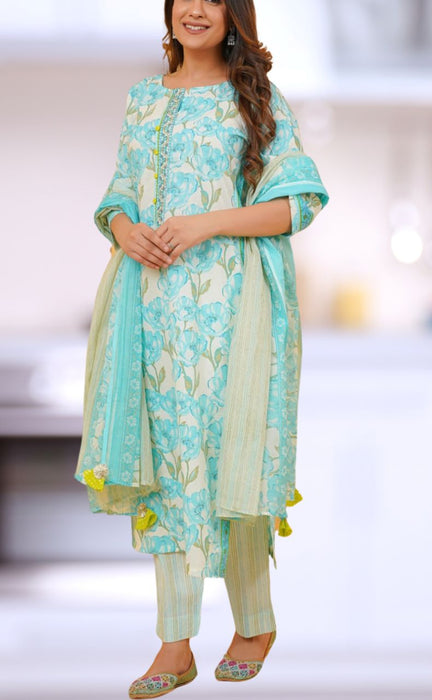 Sea Green/Green Floral Jaipur Cotton Kurti With Pant And Dupatta Set.Pure Versatile Cotton. | Laces and Frills