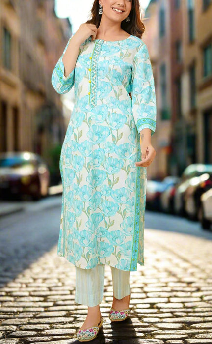 Sea Green/Green Floral Jaipur Cotton Kurti With Pant And Dupatta Set.Pure Versatile Cotton. | Laces and Frills