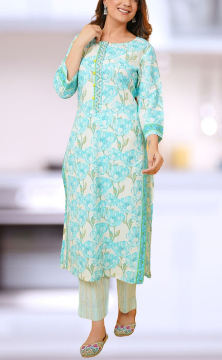 Sea Green/Green Floral Jaipur Cotton Kurti With Pant And Dupatta Set.Pure Versatile Cotton. | Laces and Frills