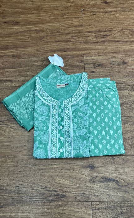 Pista Green Garden Jaipur Cotton Kurti With Pant And Dupatta Set.Pure Versatile Cotton. | Laces and Frills