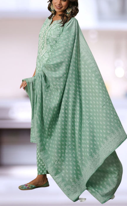 Pista Green Garden Jaipur Cotton Kurti With Pant And Dupatta Set.Pure Versatile Cotton. | Laces and Frills