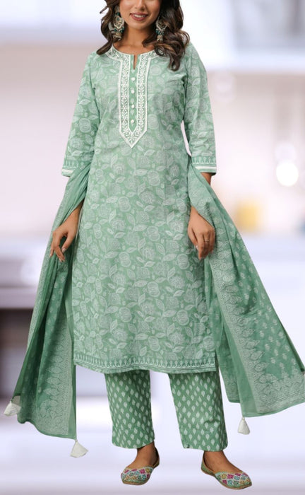 Pista Green Garden Jaipur Cotton Kurti With Pant And Dupatta Set.Pure Versatile Cotton. | Laces and Frills