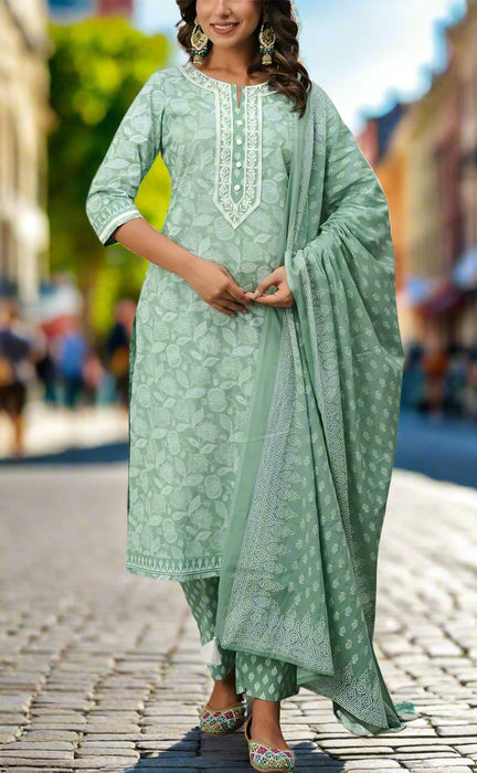 Pista Green Garden Jaipur Cotton Kurti With Pant And Dupatta Set.Pure Versatile Cotton. | Laces and Frills