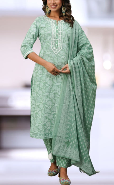 Pista Green Garden Jaipur Cotton Kurti With Pant And Dupatta Set.Pure Versatile Cotton. | Laces and Frills