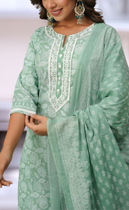 Pista Green Garden Jaipur Cotton Kurti With Pant And Dupatta Set.Pure Versatile Cotton. | Laces and Frills