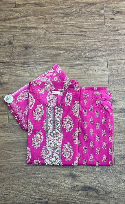 Hot Pink Floral Jaipur Cotton Kurti With Pant And Dupatta Set.Pure Versatile Cotton. | Laces and Frills