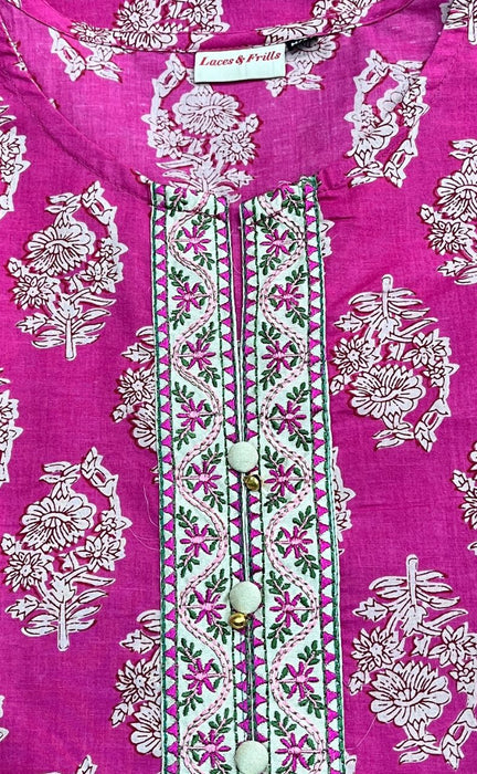 Hot Pink Floral Jaipur Cotton Kurti With Pant And Dupatta Set.Pure Versatile Cotton. | Laces and Frills