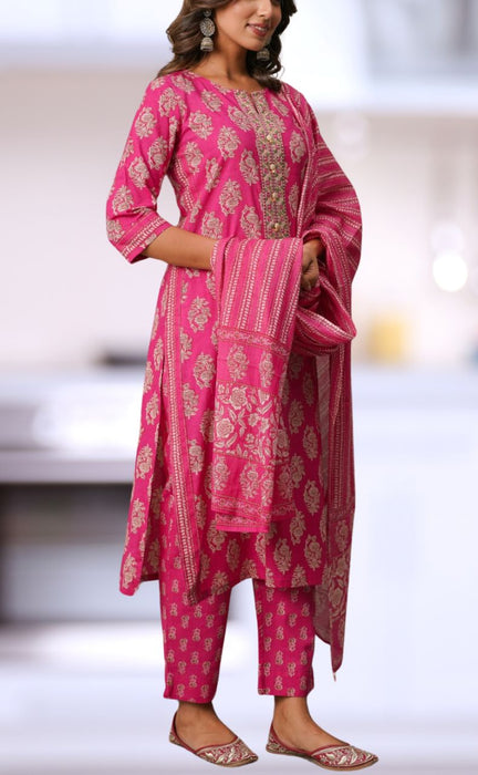 Hot Pink Floral Jaipur Cotton Kurti With Pant And Dupatta Set.Pure Versatile Cotton. | Laces and Frills