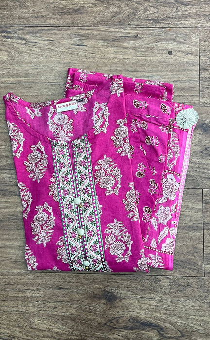 Hot Pink Floral Jaipur Cotton Kurti With Pant And Dupatta Set.Pure Versatile Cotton. | Laces and Frills