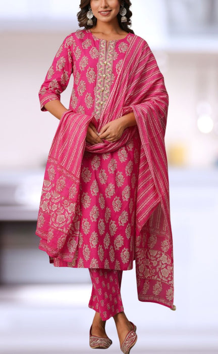 Hot Pink Floral Jaipur Cotton Kurti With Pant And Dupatta Set.Pure Versatile Cotton. | Laces and Frills