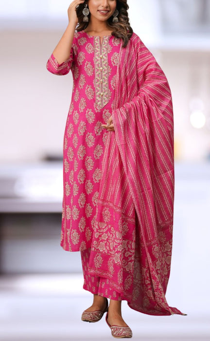 Hot Pink Floral Jaipur Cotton Kurti With Pant And Dupatta Set.Pure Versatile Cotton. | Laces and Frills