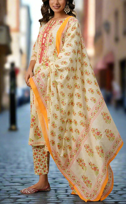 Off White/Pink Floral Jaipur Cotton Kurti With Pant And Dupatta Set.Pure Versatile Cotton. | Laces and Frills