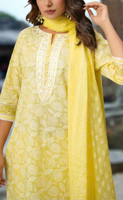 Yellow Floral Jaipur Cotton Kurti With Pant And Dupatta Set.Pure Versatile Cotton. | Laces and Frills