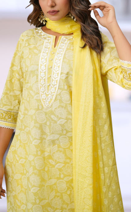 Yellow Floral Jaipur Cotton Kurti With Pant And Dupatta Set.Pure Versatile Cotton. | Laces and Frills