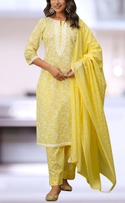 Yellow Floral Jaipur Cotton Kurti With Pant And Dupatta Set.Pure Versatile Cotton. | Laces and Frills