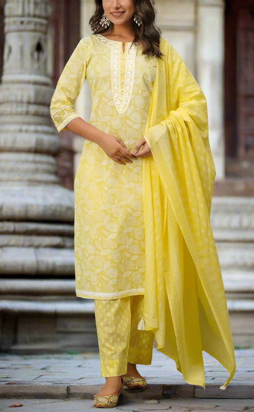 Yellow Floral Jaipur Cotton Kurti With Pant And Dupatta Set.Pure Versatile Cotton. | Laces and Frills