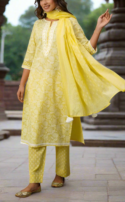 Yellow Floral Jaipur Cotton Kurti With Pant And Dupatta Set.Pure Versatile Cotton. | Laces and Frills