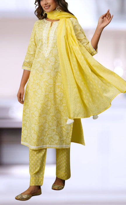 Yellow Floral Jaipur Cotton Kurti With Pant And Dupatta Set.Pure Versatile Cotton. | Laces and Frills