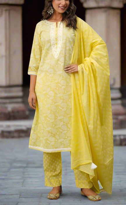 Yellow Floral Jaipur Cotton Kurti With Pant And Dupatta Set.Pure Versatile Cotton. | Laces and Frills