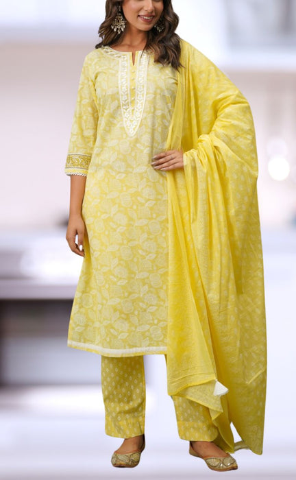 Yellow Floral Jaipur Cotton Kurti With Pant And Dupatta Set.Pure Versatile Cotton. | Laces and Frills