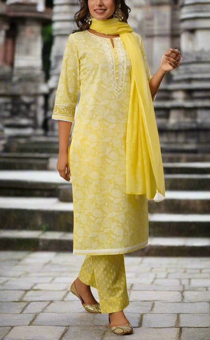 Yellow Floral Jaipur Cotton Kurti With Pant And Dupatta Set.Pure Versatile Cotton. | Laces and Frills