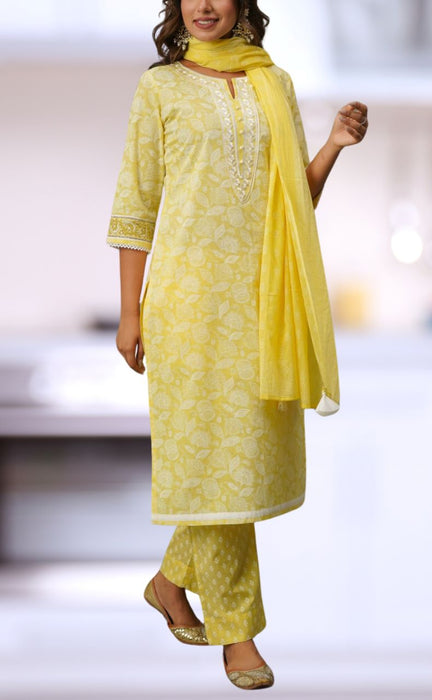 Yellow Floral Jaipur Cotton Kurti With Pant And Dupatta Set.Pure Versatile Cotton. | Laces and Frills