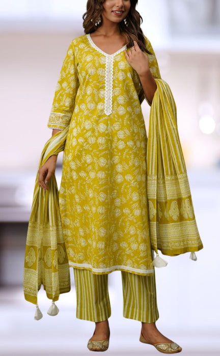 Yellow/Green Floral Jaipur Cotton Kurti With Pant And Dupatta Set.Pure Versatile Cotton. | Laces and Frills