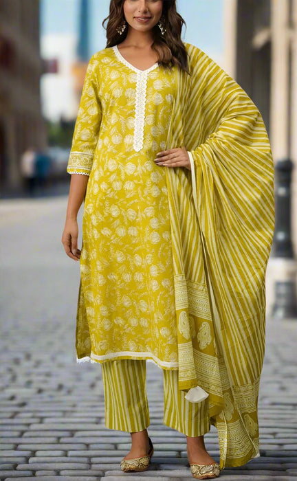 Yellow/Green Floral Jaipur Cotton Kurti With Pant And Dupatta Set.Pure Versatile Cotton. | Laces and Frills