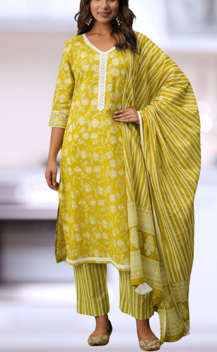 Yellow/Green Floral Jaipur Cotton Kurti With Pant And Dupatta Set.Pure Versatile Cotton. | Laces and Frills