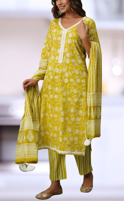 Yellow/Green Floral Jaipur Cotton Kurti With Pant And Dupatta Set.Pure Versatile Cotton. | Laces and Frills