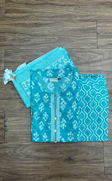 Sea Green Floral Cotton Kurti With Pant And Dupatta Set.Pure Versatile Cotton. | Laces and Frills