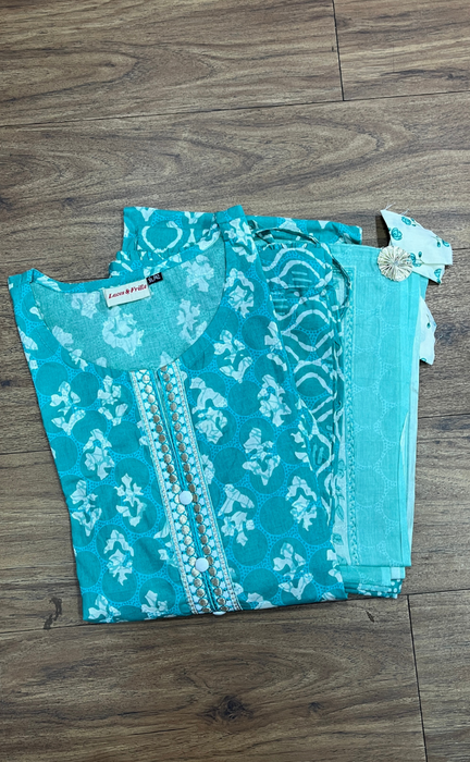 Sea Green Floral Cotton Kurti With Pant And Dupatta Set.Pure Versatile Cotton. | Laces and Frills