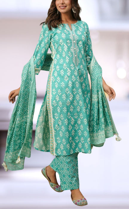 Sea Green Floral Cotton Kurti With Pant And Dupatta Set.Pure Versatile Cotton. | Laces and Frills