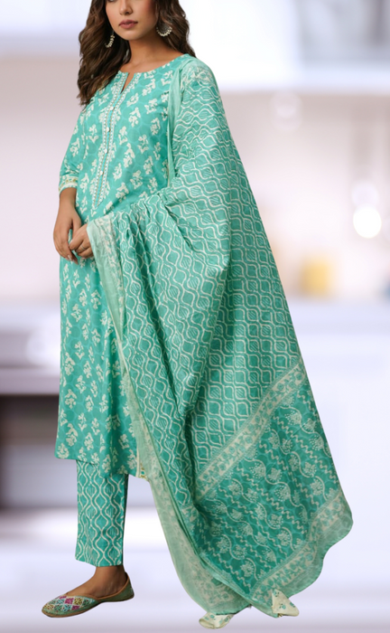 Sea Green Floral Cotton Kurti With Pant And Dupatta Set.Pure Versatile Cotton. | Laces and Frills