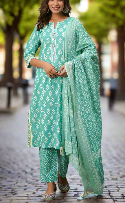 Sea Green Floral Cotton Kurti With Pant And Dupatta Set.Pure Versatile Cotton. | Laces and Frills