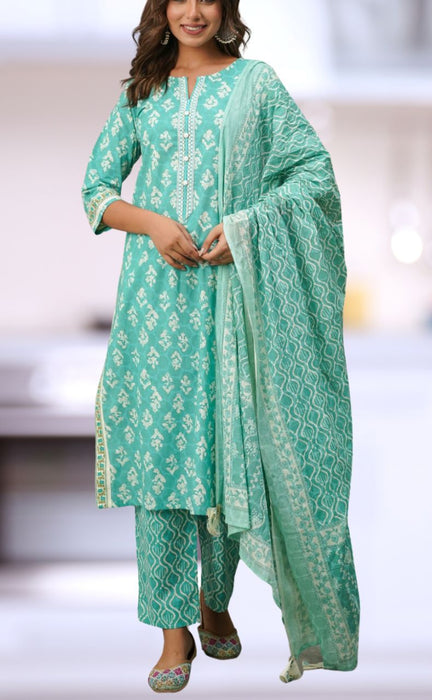 Sea Green Floral Cotton Kurti With Pant And Dupatta Set.Pure Versatile Cotton. | Laces and Frills