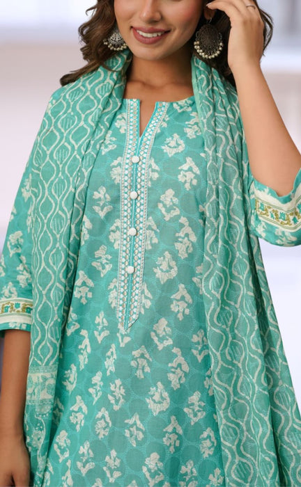 Sea Green Floral Cotton Kurti With Pant And Dupatta Set.Pure Versatile Cotton. | Laces and Frills