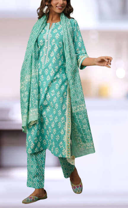 Sea Green Floral Cotton Kurti With Pant And Dupatta Set.Pure Versatile Cotton. | Laces and Frills