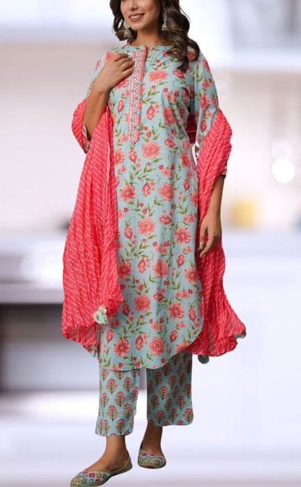 Blue/Pink Jaipur Cotton Kurti With Pant And Crushed Dupatta Set.Pure Versatile Cotton. | Laces and Frills