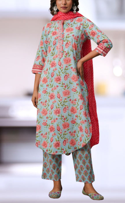 Blue/Pink Jaipur Cotton Kurti With Pant And Crushed Dupatta Set.Pure Versatile Cotton. | Laces and Frills