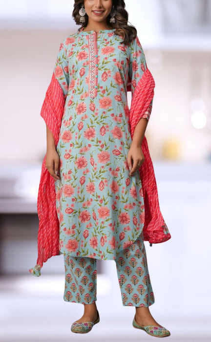 Blue/Pink Jaipur Cotton Kurti With Pant And Crushed Dupatta Set.Pure Versatile Cotton. | Laces and Frills